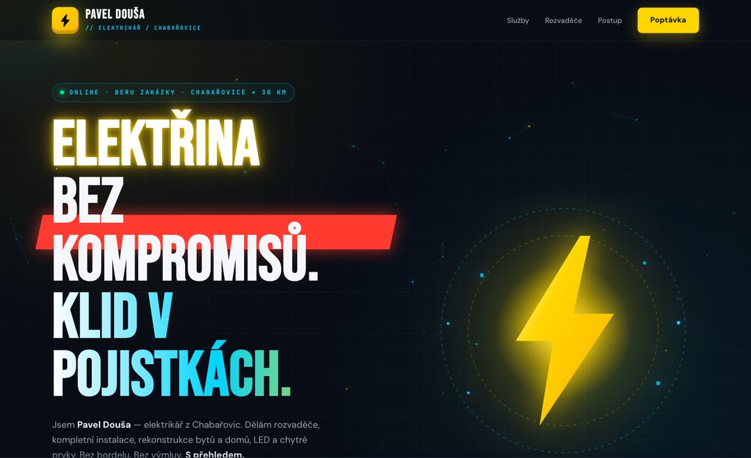 Ukázka poptávkového webu pro elektrikáře — první obrazovka